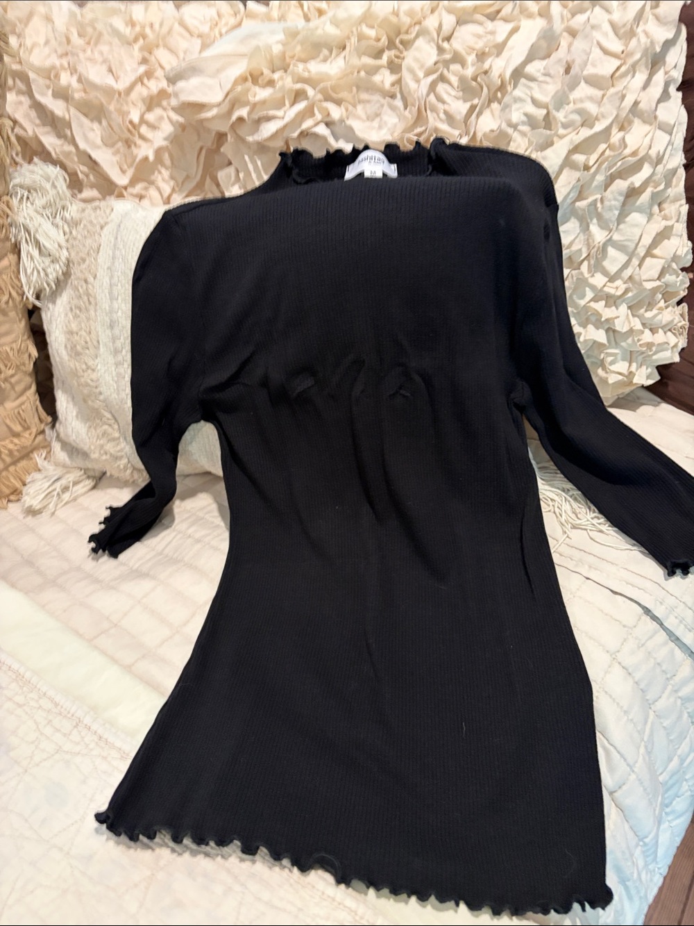 Women’s Black Ribbed Long Sleeve Dress with Lettuce Hem